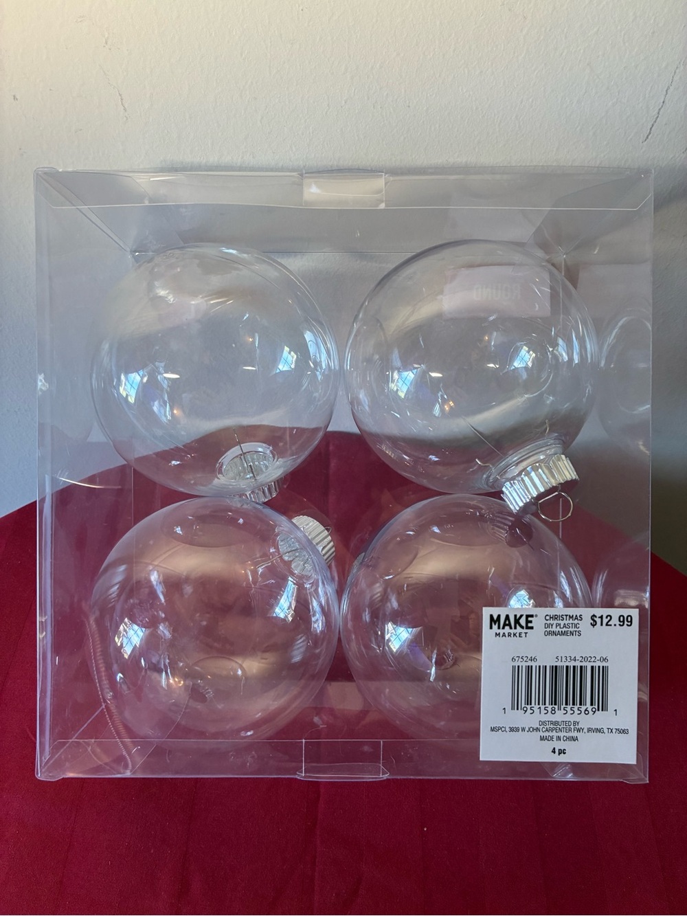 Set of 4 Large Clear Fillable Christmas Ornaments DIY Craft Balls NIP